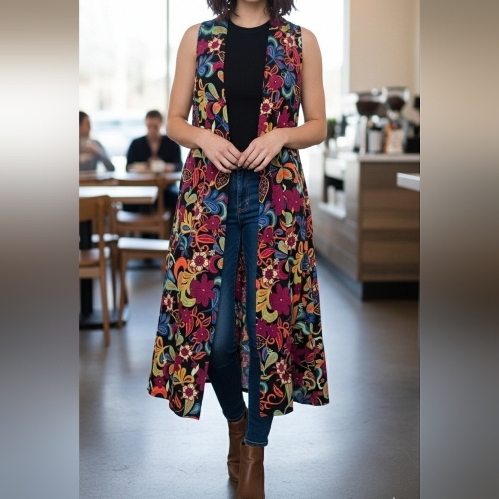 LuLaRoe JOY Long Vest Duster S/M Multicolor Floral Paisley Boho Layering XS